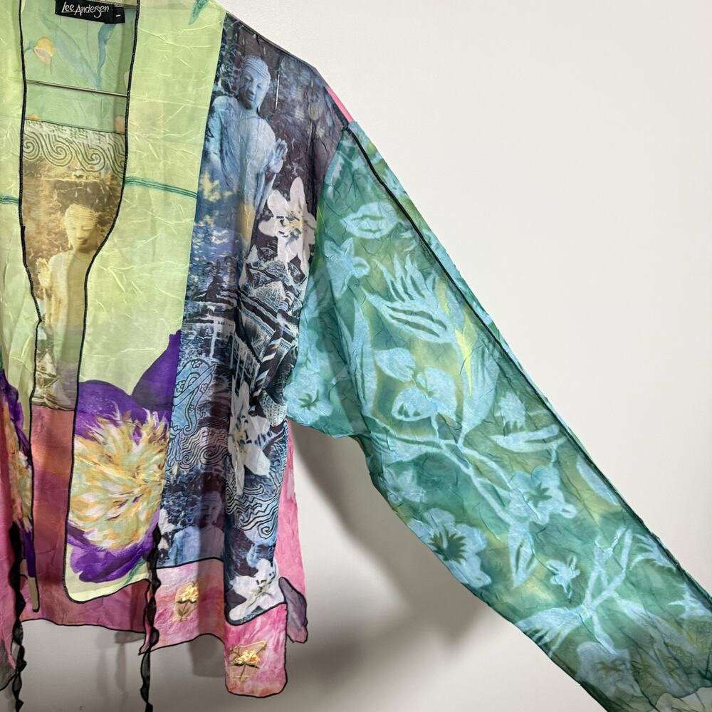 LEE ANDERSEN Tie Front Jacket Topper Cardigan Embroidered Art Kimono Semi Sheer - Picture 3 of 7